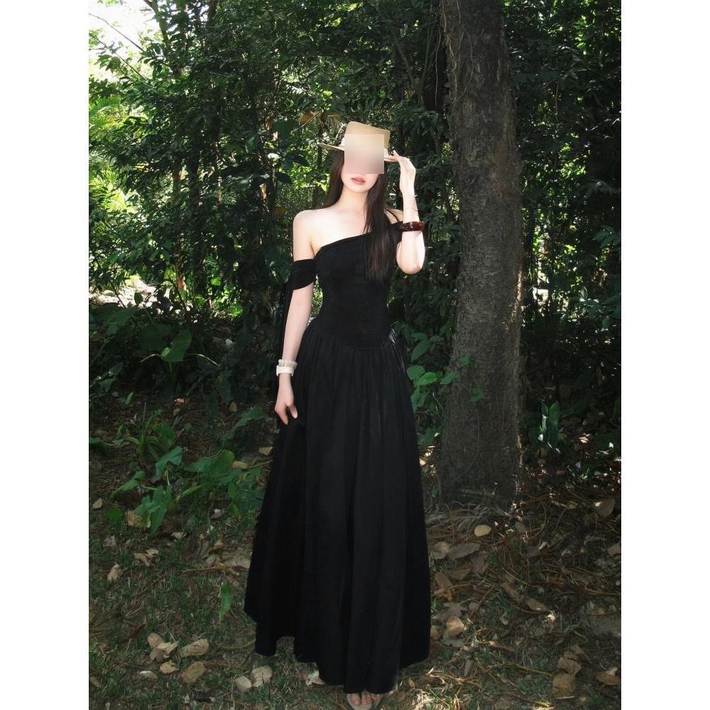 Wind One-word Shoulder Short-sleeved Dress Women's Summer New Temperament Waist Black Long Skirt