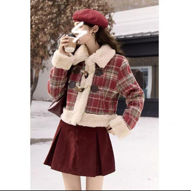 Womens Short Wool Blend Coat With Plaid Lamb Fleece Trim Horn Button Fall Winter Warm Outerwear Medium