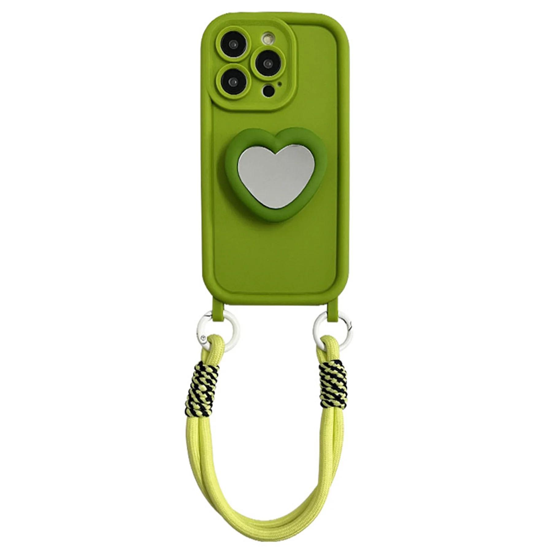 

Милый кавайный портативный чехол-ремешок с защитой от потери и зеркальной подставкой в виде сердца для iPhone 16 15 14 13 12 11 Pro Max Cover Funda iphone 14pro max зелёный