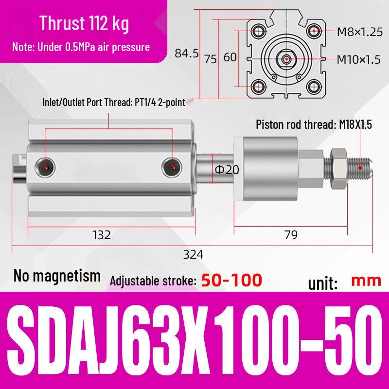 Adjustable Stroke Pneumatic Thin Cylinder - Piston Rod Sizes: 16/20/25/32/40/63