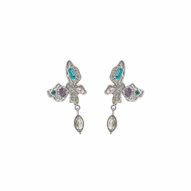 Elegant Geometric Silver Butterfly & Colored Diamond Teardrop Earrings for Women