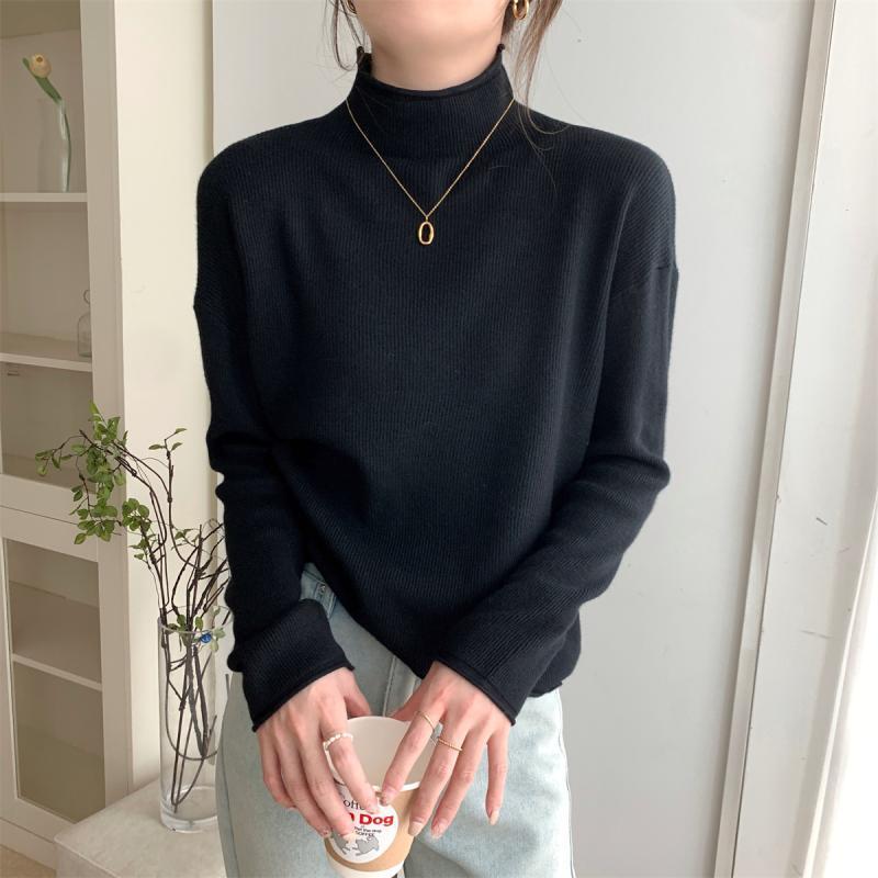 Solid-color Sweater Women's Fashion Korean-style Half Turtleneck Pullover Casual Loose Long-sleeved Knitted Sweater for Spring and Autumn