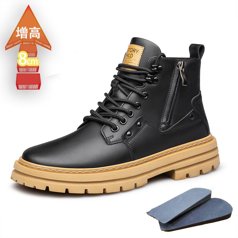 Autumn and winter trend cowhide Martin boots high-top tooling British style invisible inner heightening thick-soled lace-up tooling boots men's boots