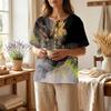 Women's Short Sleeve Henley Neck Shirt with Chest Pocket Lightweight Cotton Linen Fabric Printed Pattern Casual Top for Everyday Wear