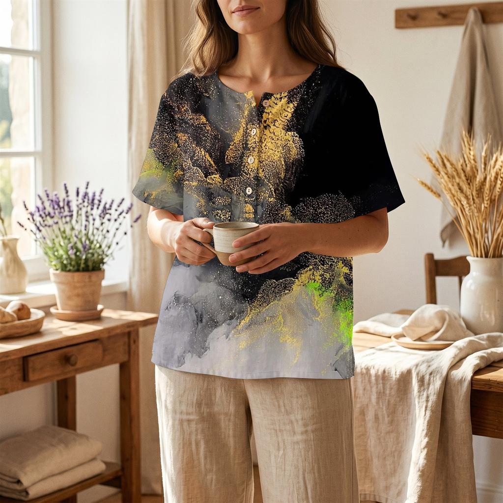 Women's Short Sleeve Henley Neck Shirt with Chest Pocket Lightweight Cotton Linen Fabric Printed Pattern Casual Top for Everyday Wear