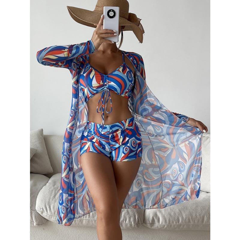 Women's Abstract Print Drawstring Crop Top & High Waist Shorts With Kimono 3-Piece Swimsuit