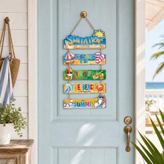 Summer Beach Wood Sign Plaques, with Hemp Rope Outdoor Decoration, Durable Wall Art for Porch Balcony Pool Party Vacation