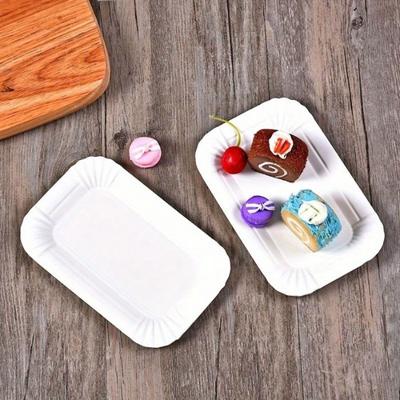 100pcs Rectangular Cake Tray White Paper Plate Disposable Dinner Plate Paper Plate Cake Disposable Paper Plate Rectangle Kitchenware