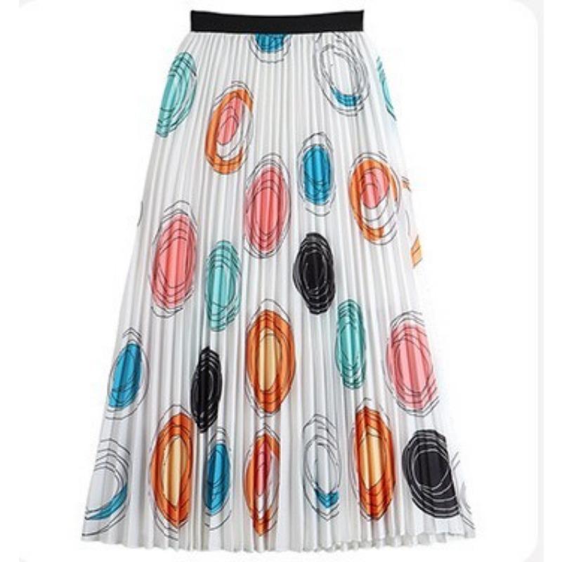 DX~~ New Retro Digital Print Skirt Women's High-waisted Slim Midi A-line Pleated Skirt
