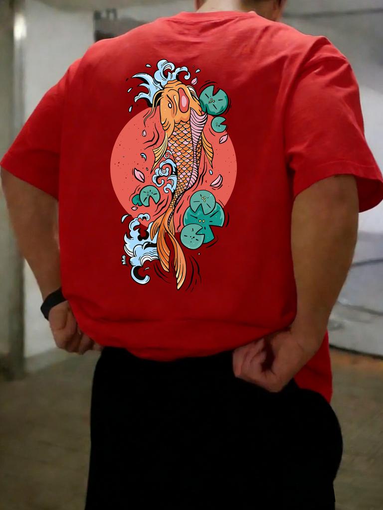 Japanese Koi Fish Mens Tshirt Loose Shortsleeved Summer Casual Pure Cotton Retro Clothing Suitable for Both Men Women