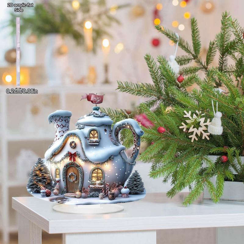 2D Flat Water Kettle Snow Hut Acrylic Desktop Decoratio, Christmas, with Base, Suitable for Wall Decoration, Porch, Room, Villa, Accents Home, Hallway