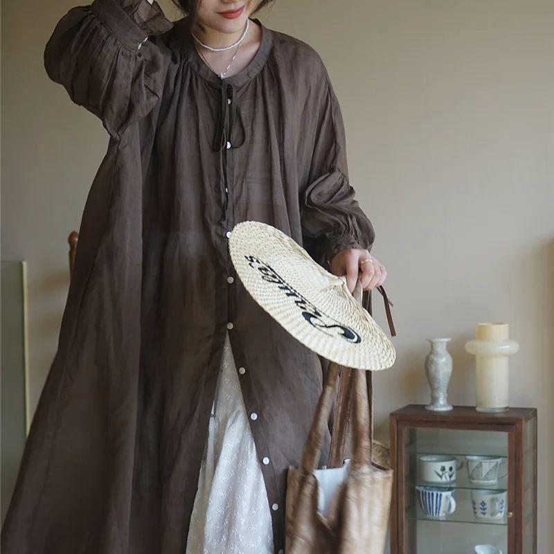 Spring Autumn Women's Vintage Ramie Shirt Dress Women Lantern Sleeve Design Dresses Loose Thin Vestidos