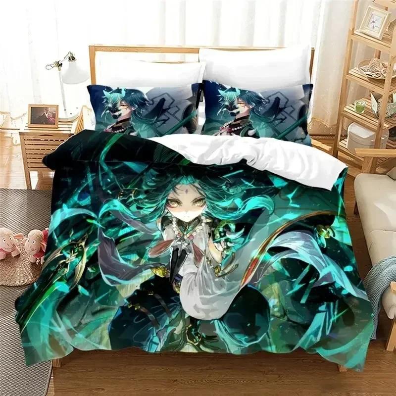Anime Genshin Impact Paimon Bedding Set Duvet Cover Sheet Printed Bed Set Pillowcase Bed Full Queen King Size Comforter Bedroom