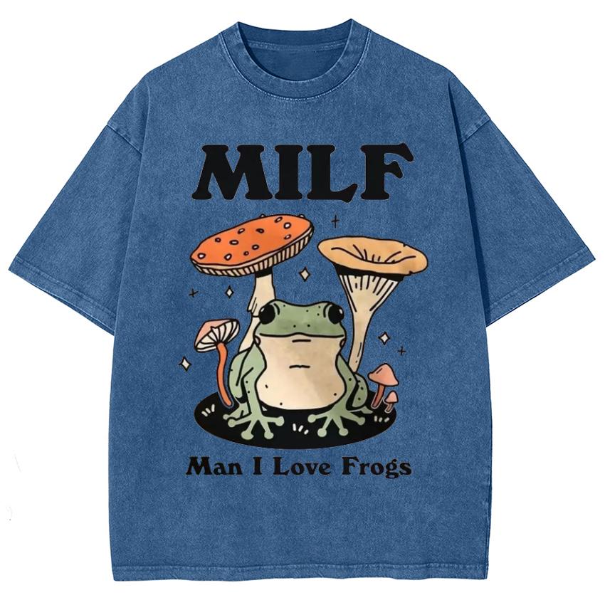 Pánská a dámská trička s potiskem žáby a houby Unisex Prací denimová látka Nadměrná velikost Krátký rukáv Vintage top Odřený