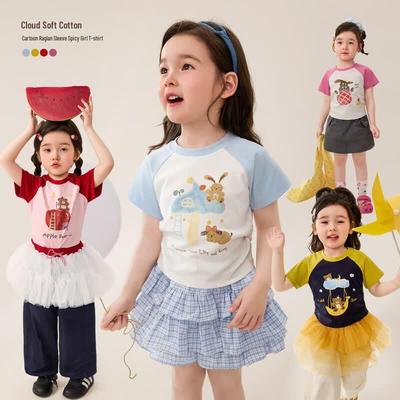 LUSON Girls' Cartoon Raglan Short Sleeve T-shirt