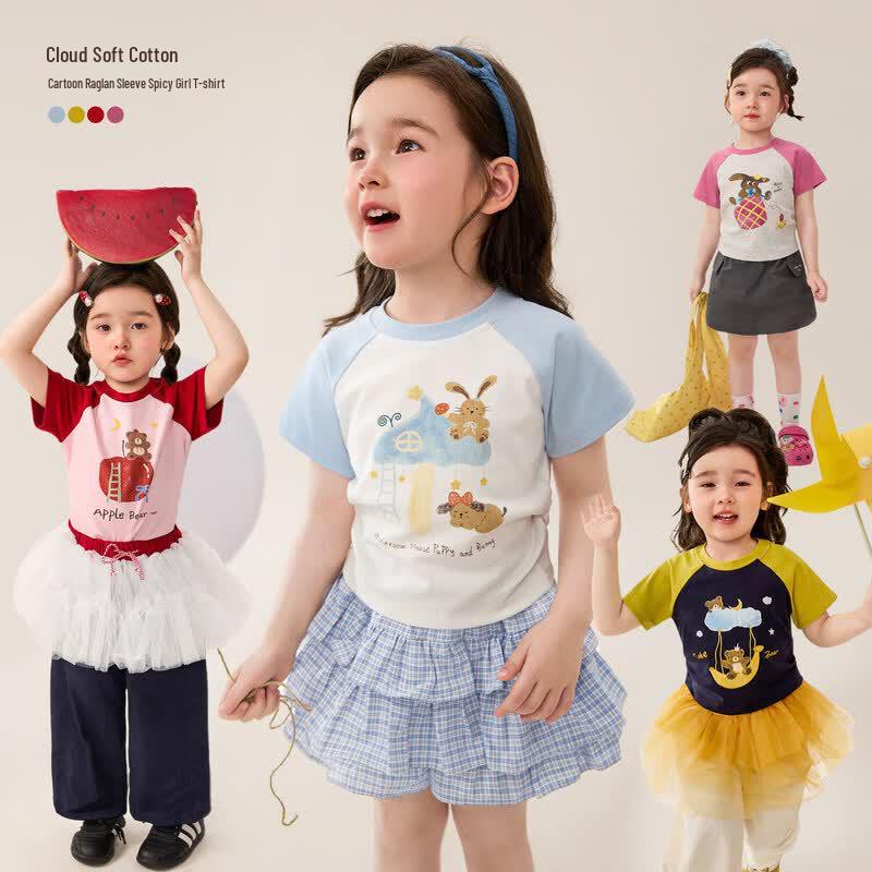 LUSON Girls  Cartoon Raglan Short Sleeve T-shirt 130