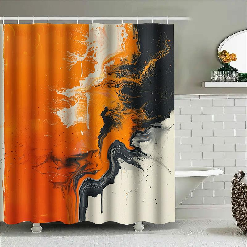 Abstract Bathroom Shower Curtain With Black White Orange Ink Splash Design 3D Printed Polyester Fabric For Home Decor (180X180Cm