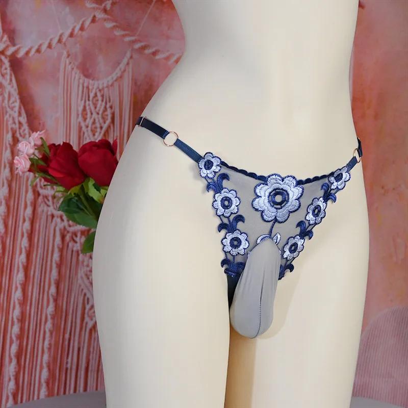 75 kg Große Größe Sissy Pouch Höschen Verstellbarer Bund T-Hose Transparente Stickerei Niedrige Taille G-String Kugel Trennung Dessous
