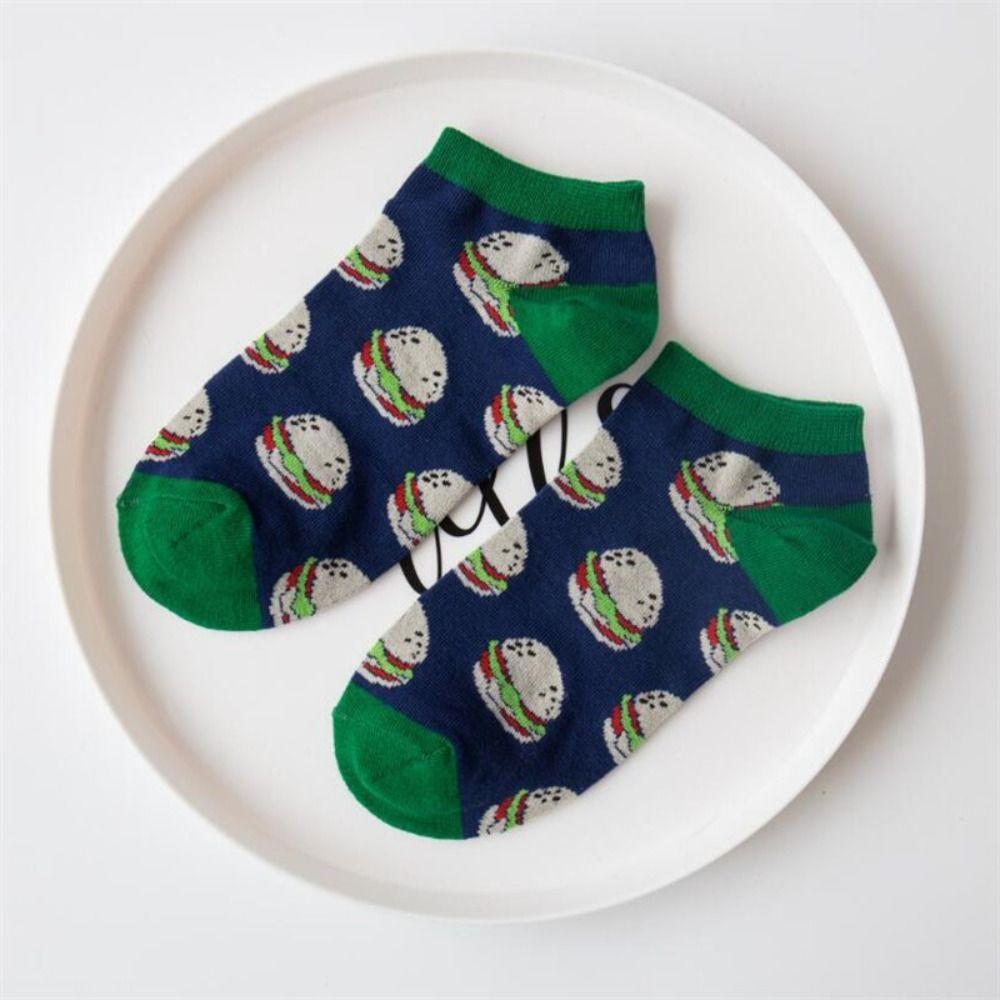5Pairs Cotton Cartoon Short Socks Cheese Cookies Patchwork Mid Tube Socks Ankle Hosiery Breathable Food Pattern Socks Spring