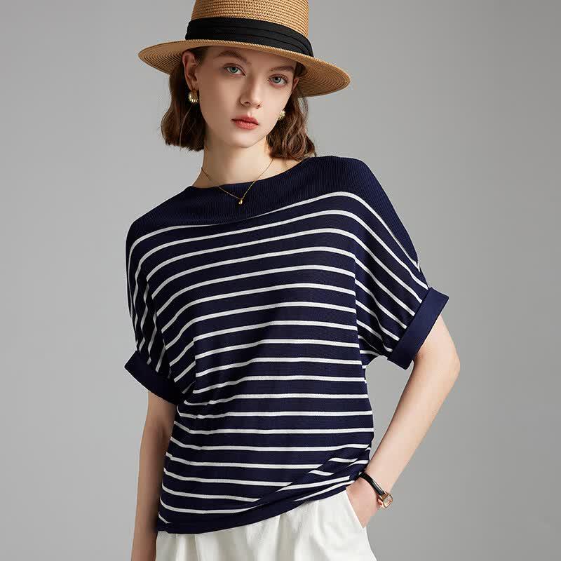 Women s Tencel Contrast Stripe Batwing Knit Top M