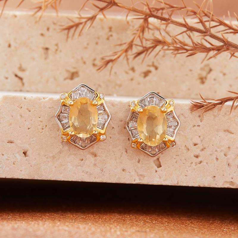 S925 Sterling Silver Color Treasure Stud Earrings Women'S Natural Topaz Garnet Amethyst Citrine Ear Jewelry