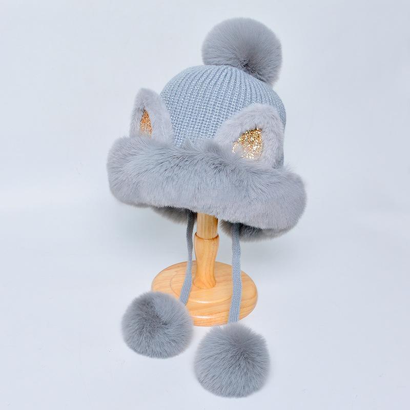 Women Winter Cute Knitted Cartoon Hair Ball Ear Protector Cap Plush Thickened Warm Hat EMA