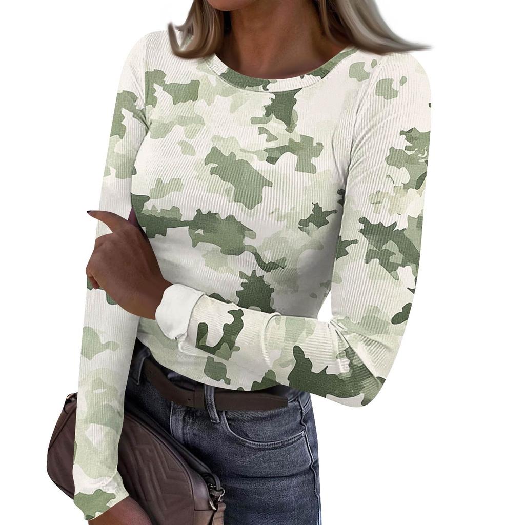 Dámské A Zimní Slim Spodní Tričko Módní Ležérní Gradientní Potisk Kulatý Výstřih Pulovr Dlouhý Rukáv Top