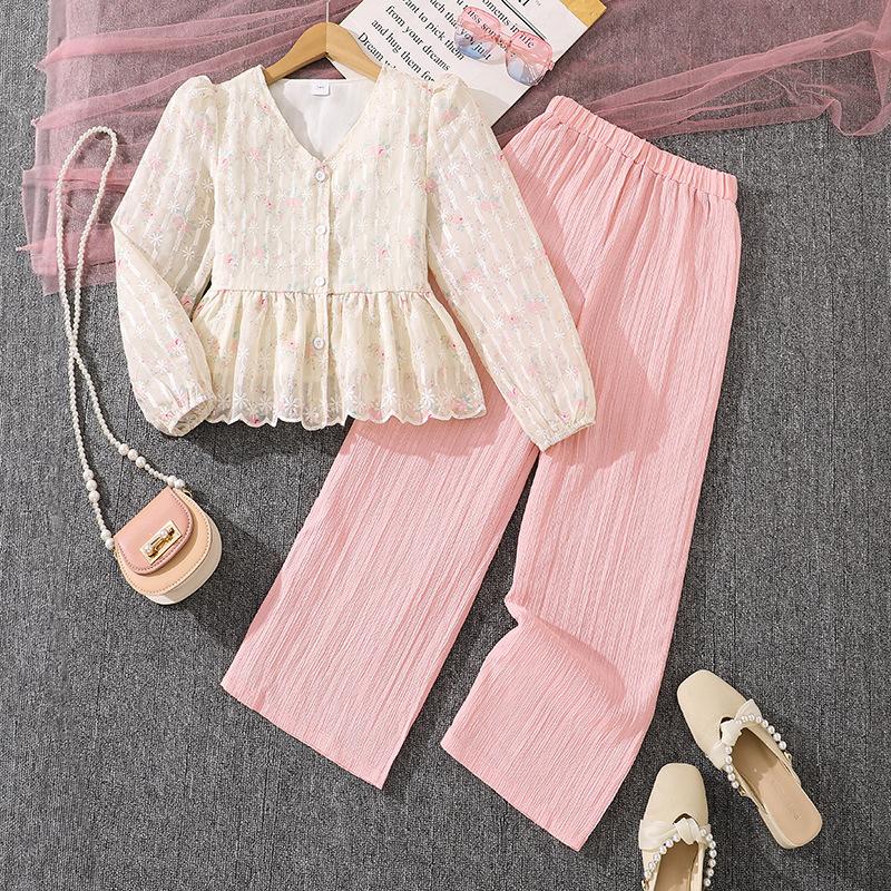 Girls' Outfit Children's Spring/Autumn New Style V-Neck Long-Sleeved Top + Casual Trousers