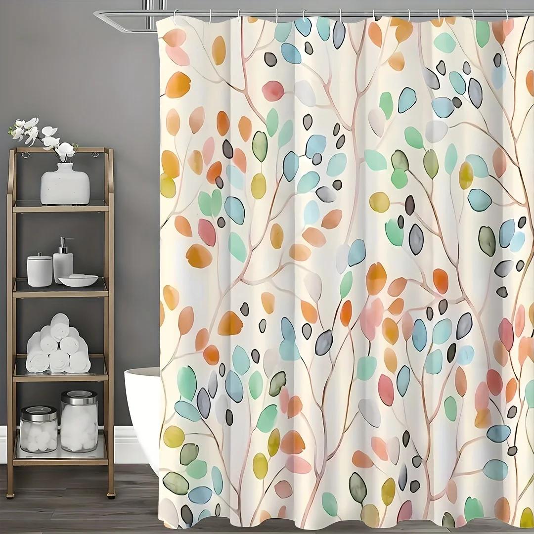 

Цветочная шторка для душа, которую можно стирать в машине - Современный акварельный ботанический дизайн, пастельные желто-сине-зеленые листья W90xH180cm