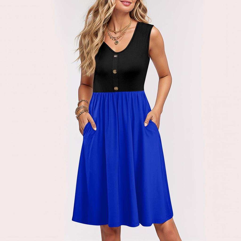 Women Summer Dresses Sleeveless Casual Loose Swing Button Down Midi Sundress With Pockets