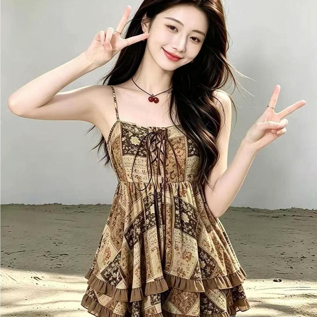 Ethnic Style Lace-up Sleeveless Vest Suspender Skirt Women's 2026 Summer New Beautiful Back Chiffon Retro Printing Short Skirt Tide