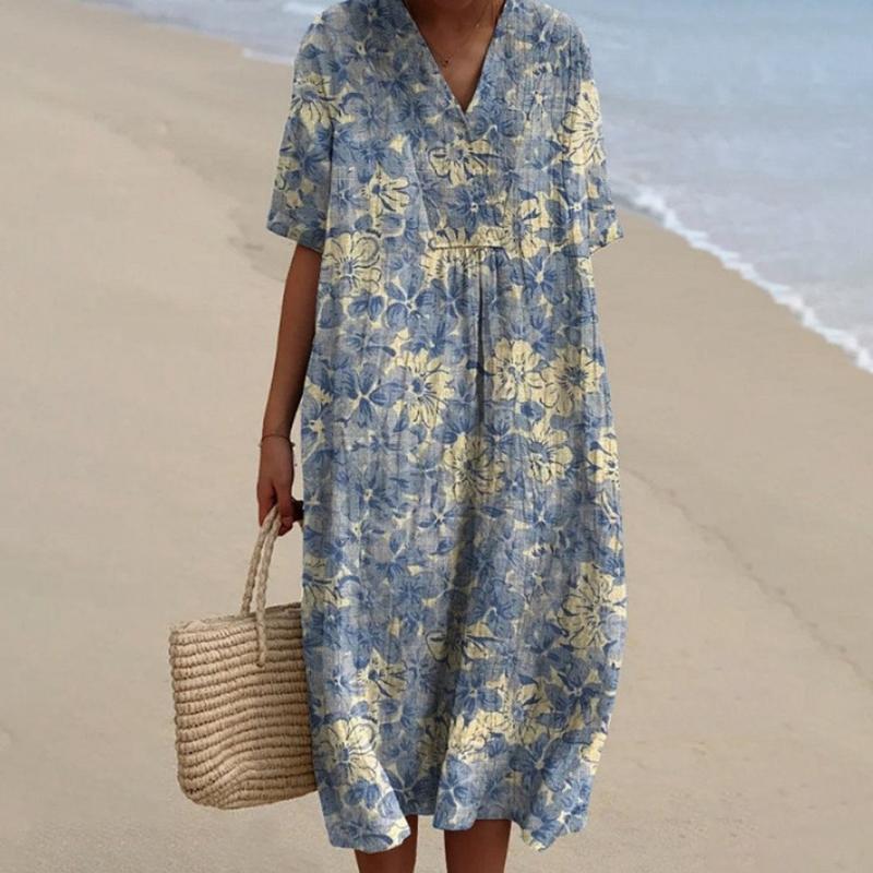 

1Pc Floral Pattern Fashion Long Dress Loose Polyester Comfort Short Sleeved Skirt One Step Skirt V-neck XL