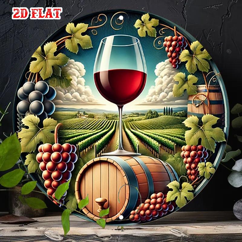 Red Wine Glass with Vineyard Scenery HD Metal Wall Art D Illusion Round Tin Sign for Kitchen Bar Home Decor