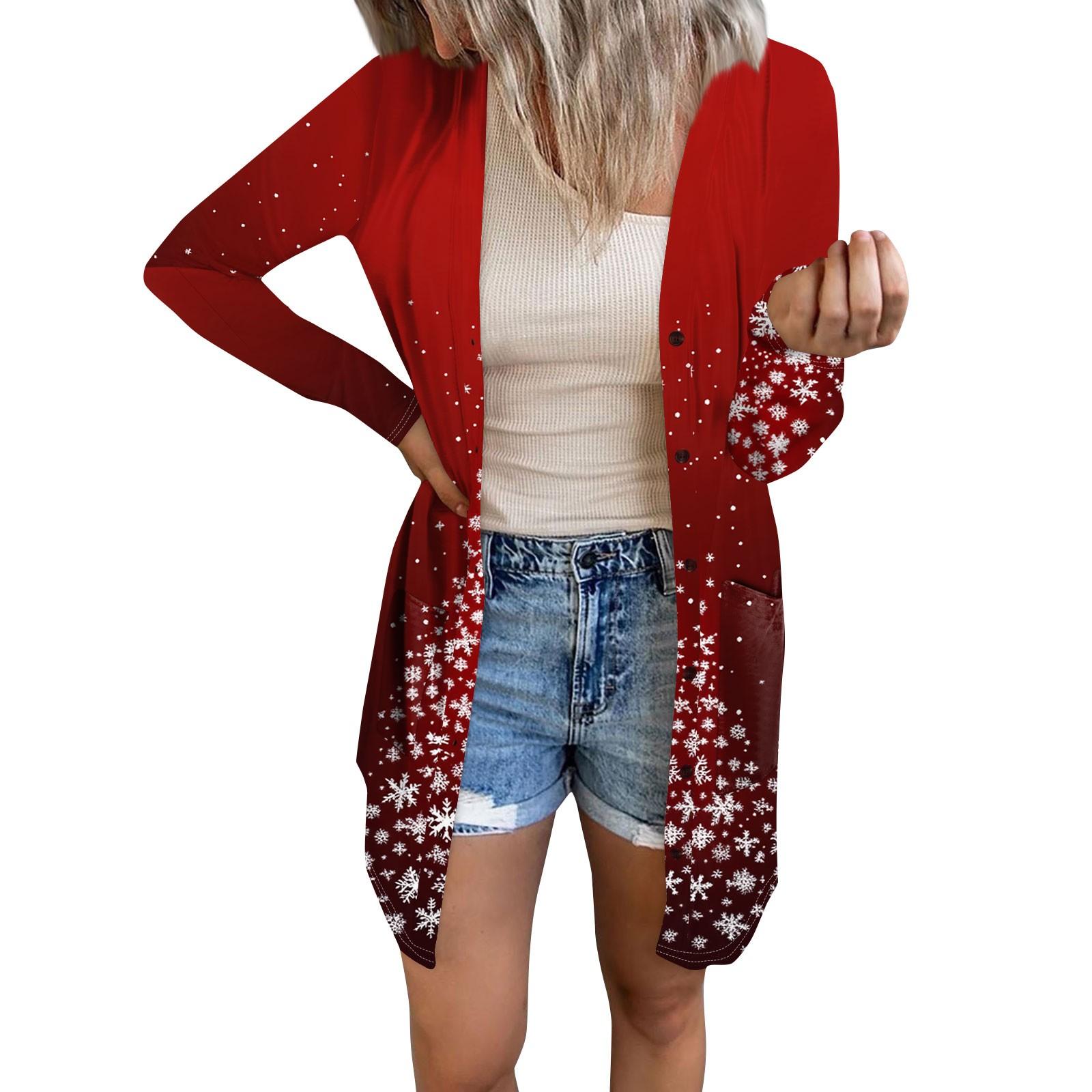 

Женский повседневный кардиган с длинным рукавом и рождественским принтом с карманами L винный