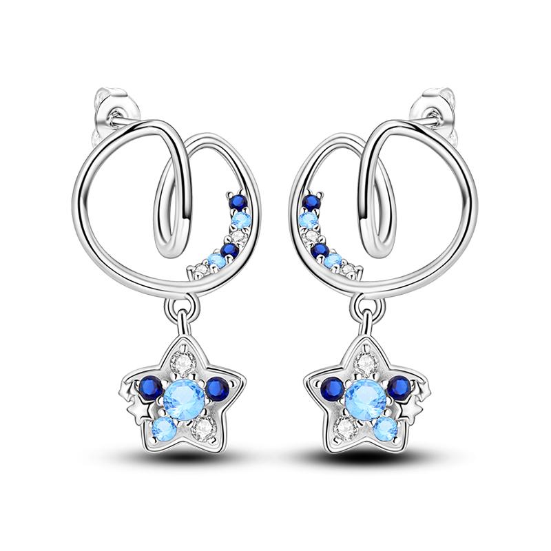 Fashion 925 Silver Color Earrings Blue Zircon Stars Moon Irregularity Earrings For Woman Fine Birthday Jewelry Gifts