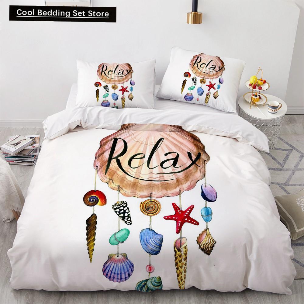 Blue Ocean King Queen Bettbezug Cartoon Seestern Muschel Bettwäscheset für Kind Teenager Erwachsene Meer Strand 2/3tlg. Polyester Bettdeckenbezug