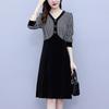 Women's Houndstooth Velvet Patchwork High Waist Midi Dress