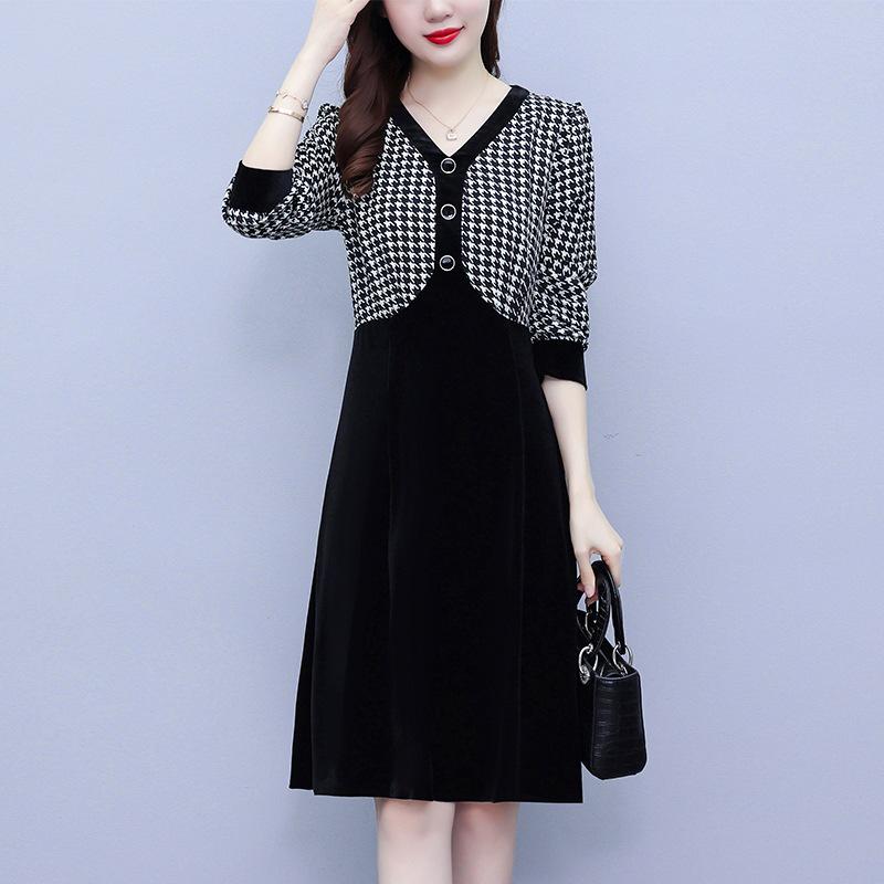 Women's Houndstooth Velvet Patchwork High Waist Midi Dress