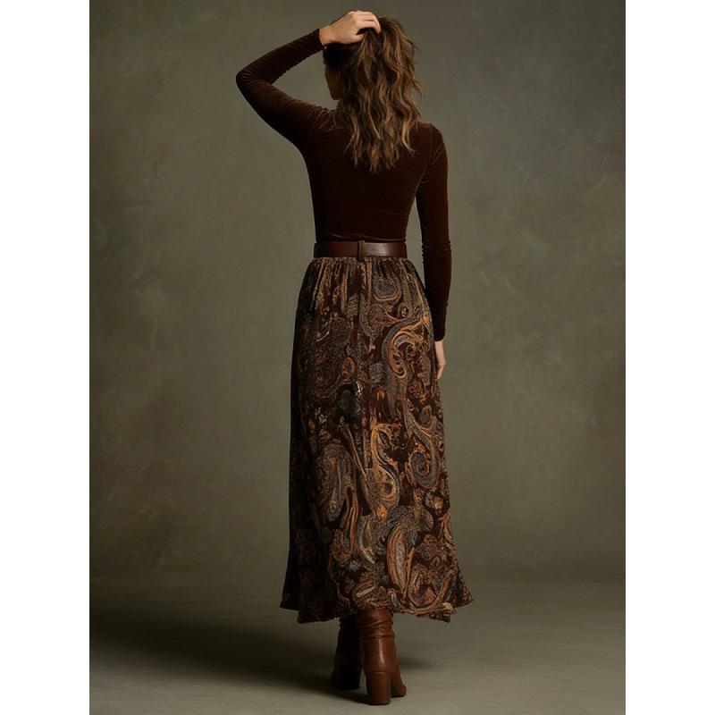 2026 Chic European & American Autumn Slim Top with Elegant Long Skirt and Retro Print, Belt Included