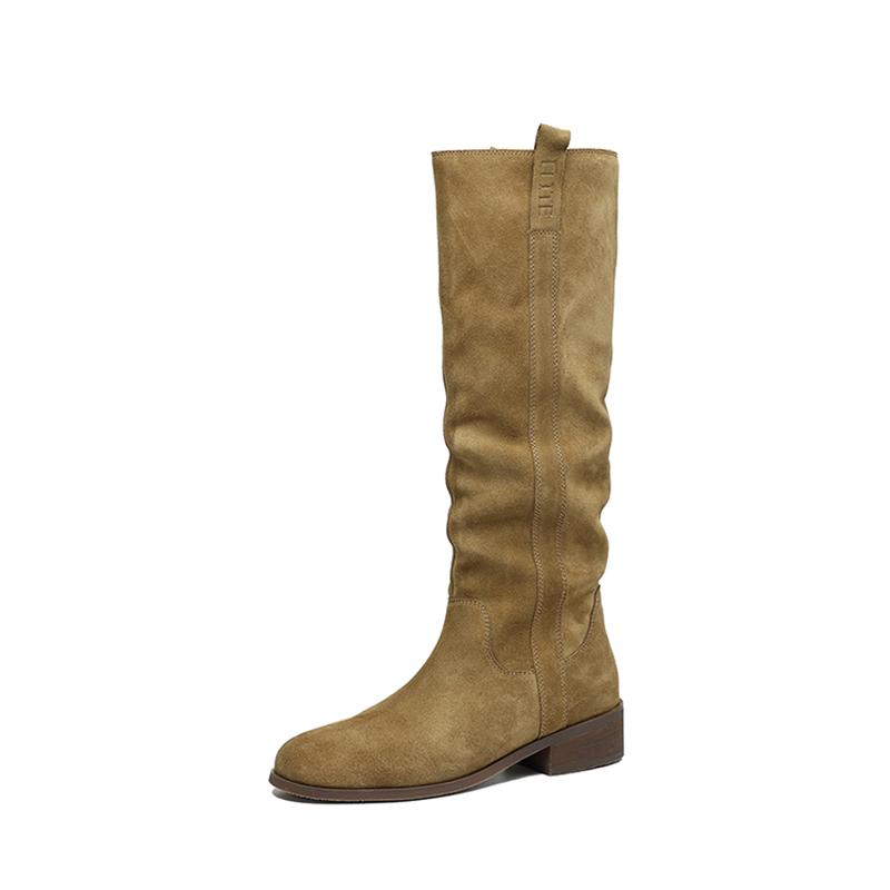 Fashion 2025 Autumn Women Boots Cow Suede Leather Women Shoes round Toe Slip-on Knee High Boots Western Modern Ladies Boots