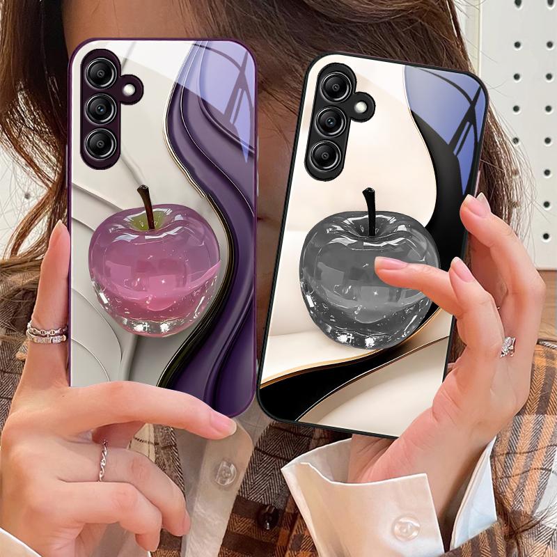 Transparent colored apple For Samsung Galaxy A14 4G 20 30 52 20S 21S 22 32 33 34 42 50 51 53 54 70 71 72 73 5G Glass Phone Case