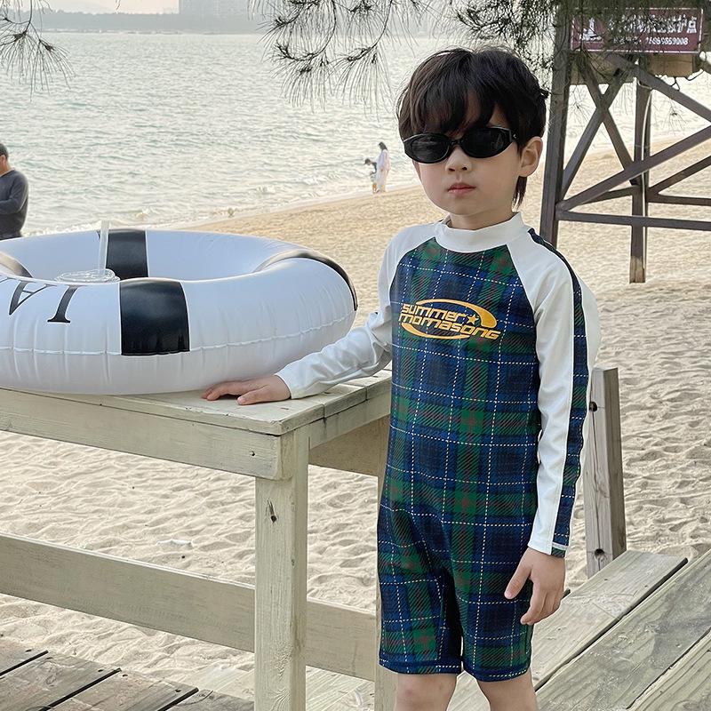 Children's Long Sleeve Plaid Patchwork One-Piece Swimsuit - Quick-Drying Swimwear for Beach & Holiday