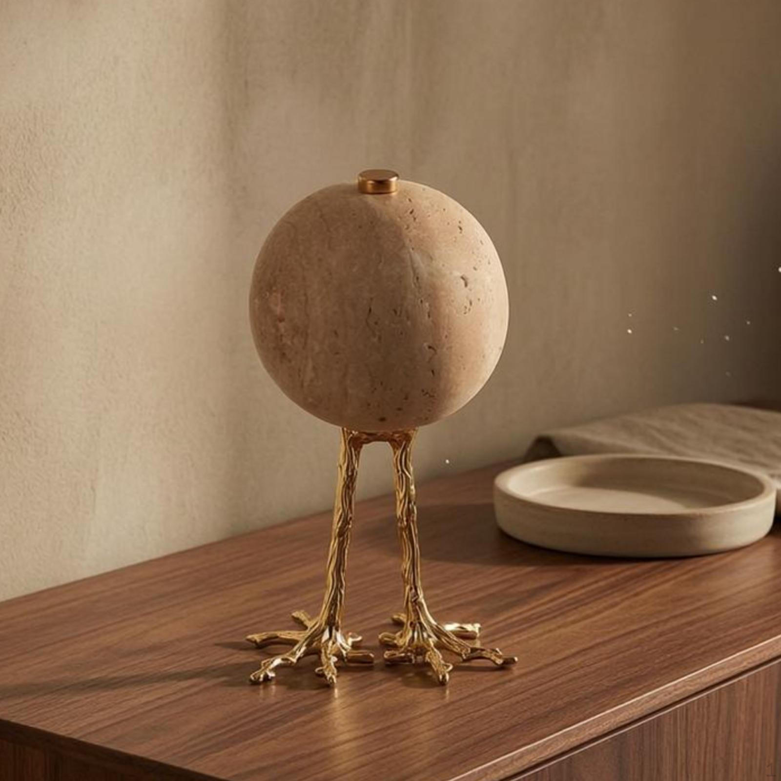 Travertine Sphere Ornament Goldornithological Leg Stand Piece Speckled Texture Stone Decor for