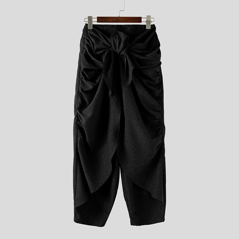 INCERUN Men Twisted High Waist Solid Color Casual Ruffled Harem Pants