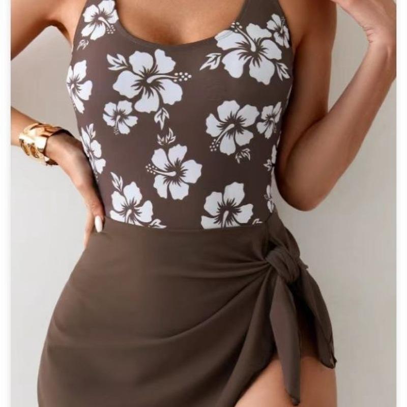 Fato de Banho Inteiro Estampado Novo Europeu e Americano para Mulheres 2024, Barriga e Costas Finas, Fato de Banho Inteiro Estilo Saia da Moda Sem Costas