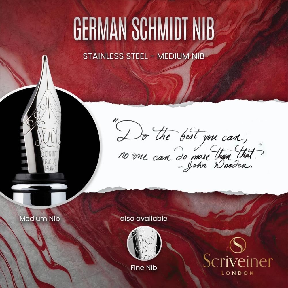 Scriveiner Deep Crimson Red Fountain Pen - Stunning Luxury Pen with Chrome Finish, Schmidt Nib (Medium), Best Pen Gift Set for Men & Women, Profession