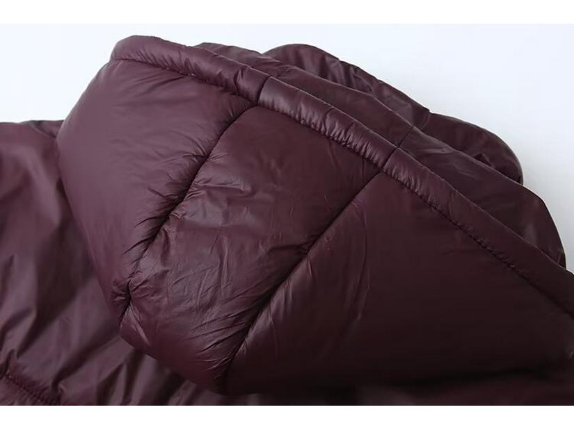 2024 Women's Wine Red Hooded Cotton Coat: European & American Style, Versatile & Fashionable Winter Wear