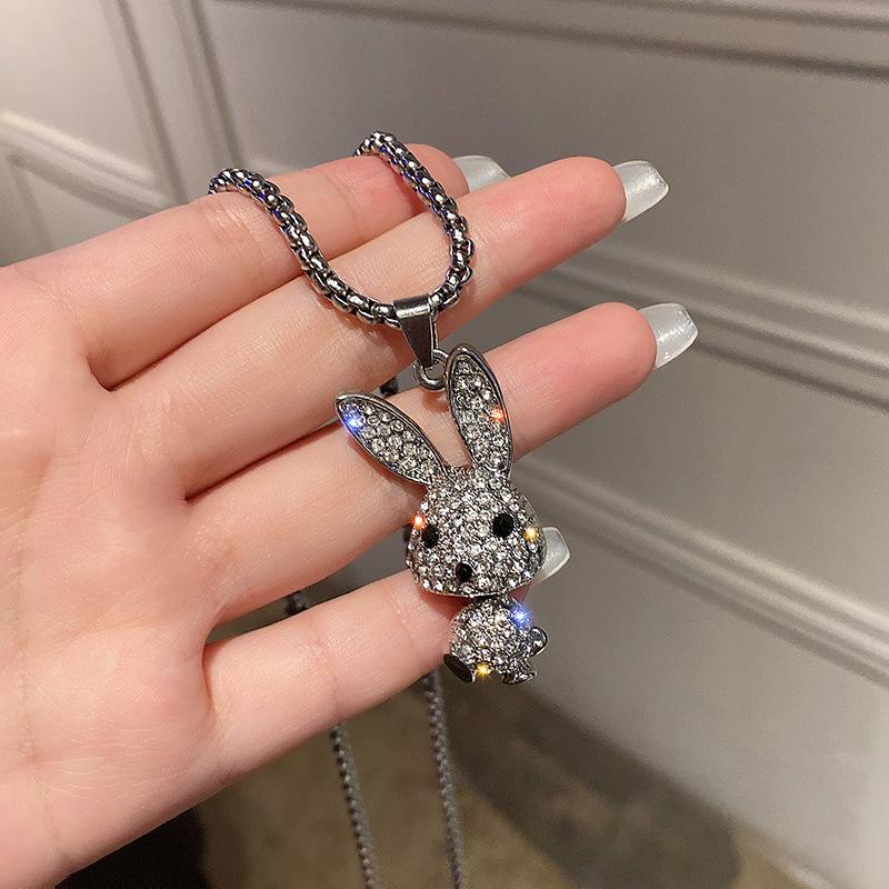 Cute Elf Bunny Pendant Necklace Zircon Design Stainless Steel Clavicle Chain Necklaces Jewelry Gif