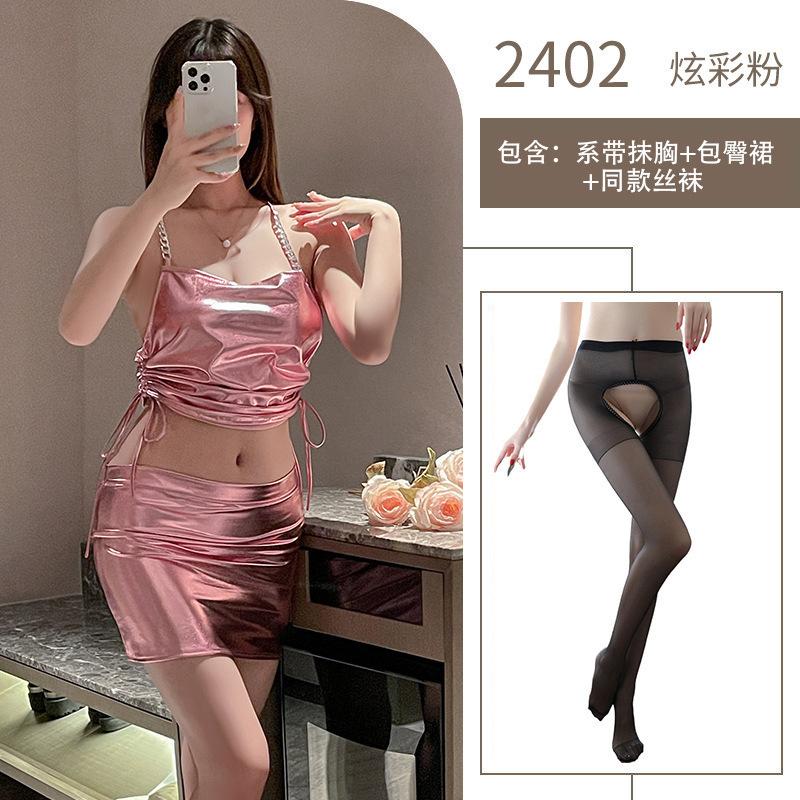 Sex underwear patent leather tight sexy hip skirt suspender backless nightclub royal sister sex uniform suit