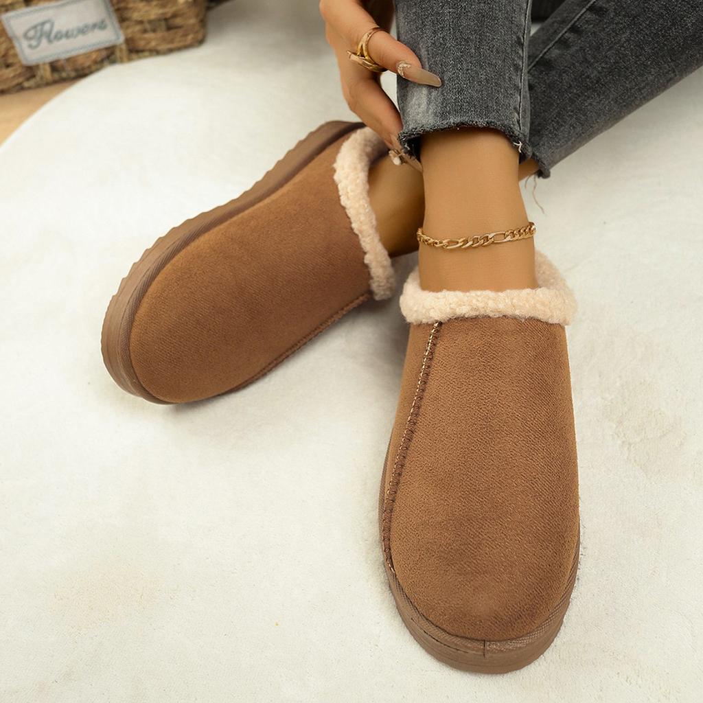 Women's winter fur one plush lining a footstool warm cold lightweight hiking waterproof non-slip soft bottom snow boots cotton slippers